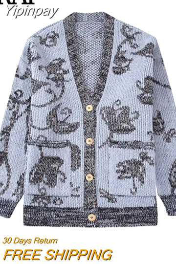 Yipinpay 2023 Knitted Cardigan Women Jacquard Vintage Knit Sweater Woman Winter Long Sleeve V Neck Sweater Women's Warm Cardigan